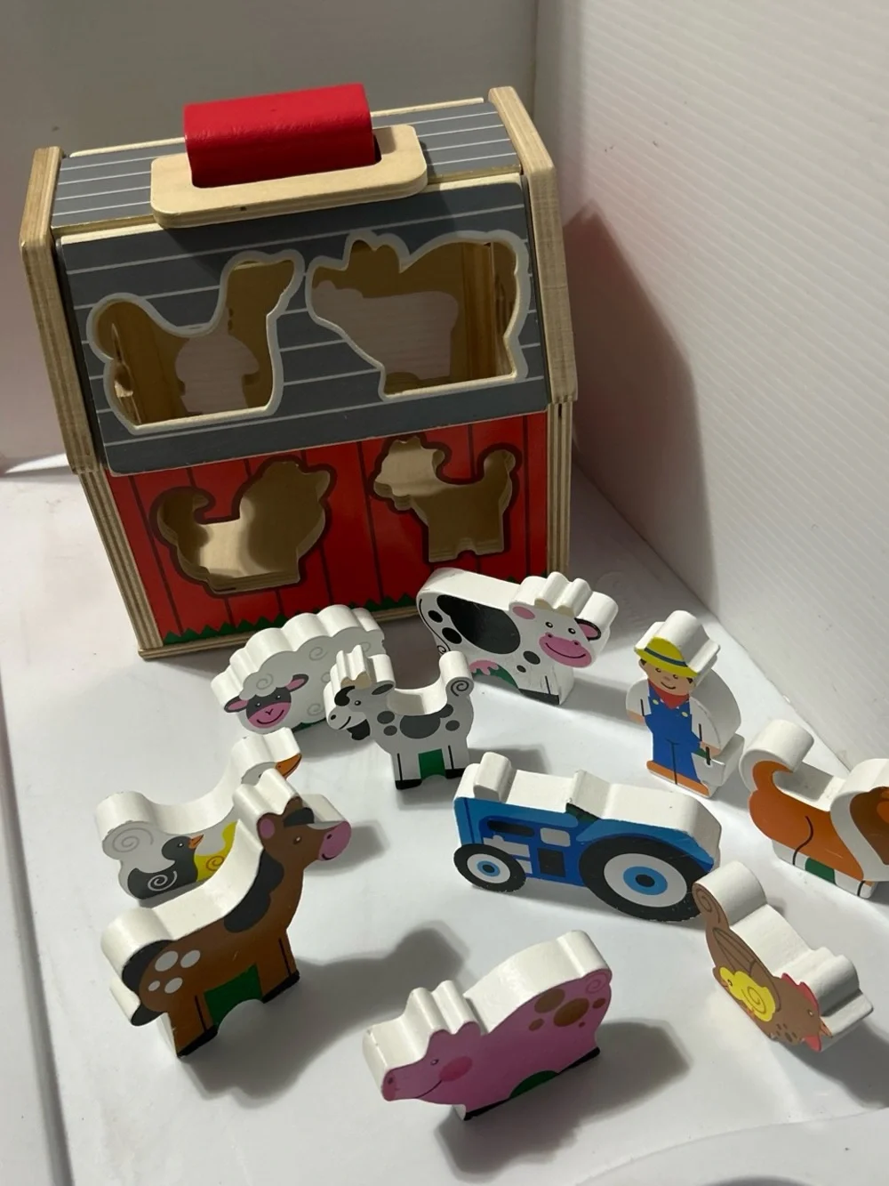 Wooden Farm Animal Shape Sorter Toy - Red and Natural